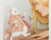 Vintage Alice in Wonderland Print:  Startled White Rabbit (Wall Hanging Art Decor to Frame) Baby Girl Pink Nursery, Margaret Tarrant  No. 27