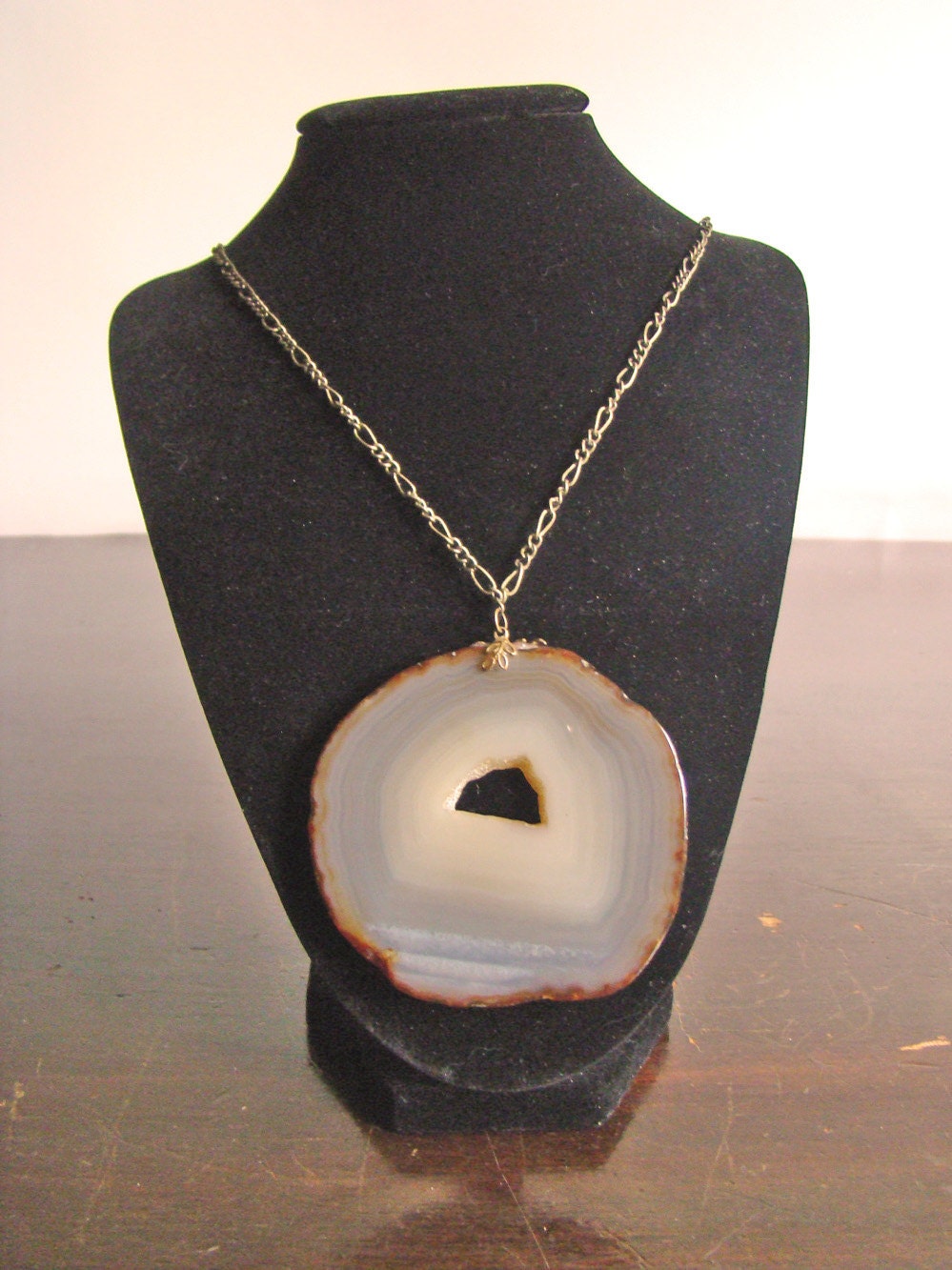 vintage large brown agate slice 'petrified wood' necklace