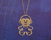 Gold Monkey Necklace, Chimpanzee Charm, Kawaii Necklace, Cute Jewelry- Free Shipping