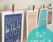Set of Four 5x7 Kitchen Art Prints of Classic Recipes with Handlettering