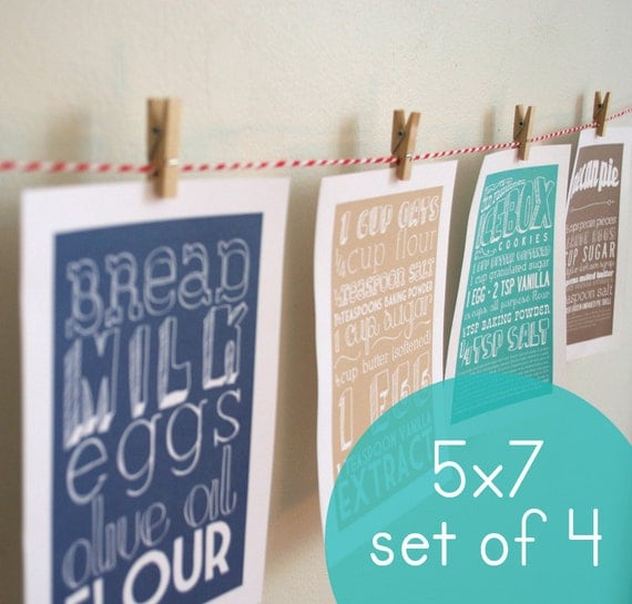 Set of Four 5x7 Kitchen Art Prints of Classic Recipes with Handlettering