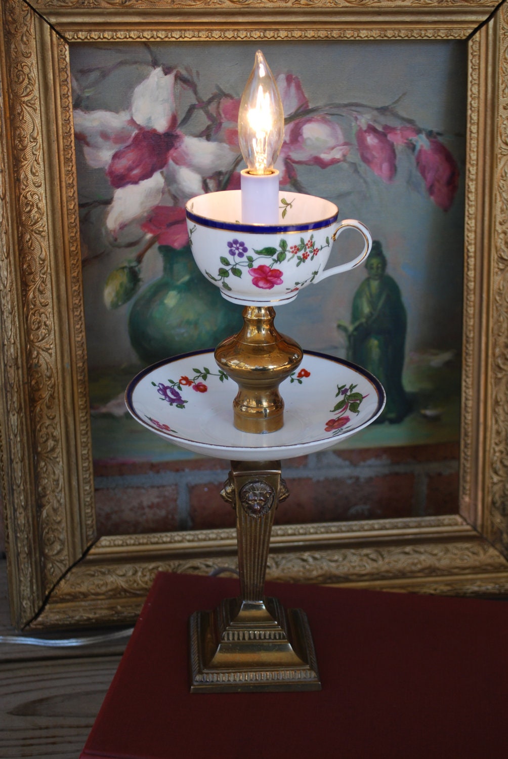 Re-purposed Recycled Vintage Tea Cup and Saucer Lamp Light with Brass Base and Accents