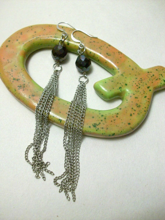 Silver chain tassel earrings with dark purple fire polished multifaceted beads