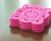 Doily Crochet Coaster Set of 4 - Bright Pink - Square 4"x4" / 10cm x 10cm
