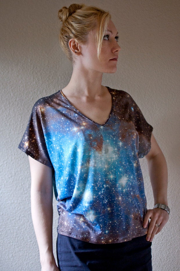 Space Print Shirt Blue Galaxy Nebula T-Shirt V-Neck Womens