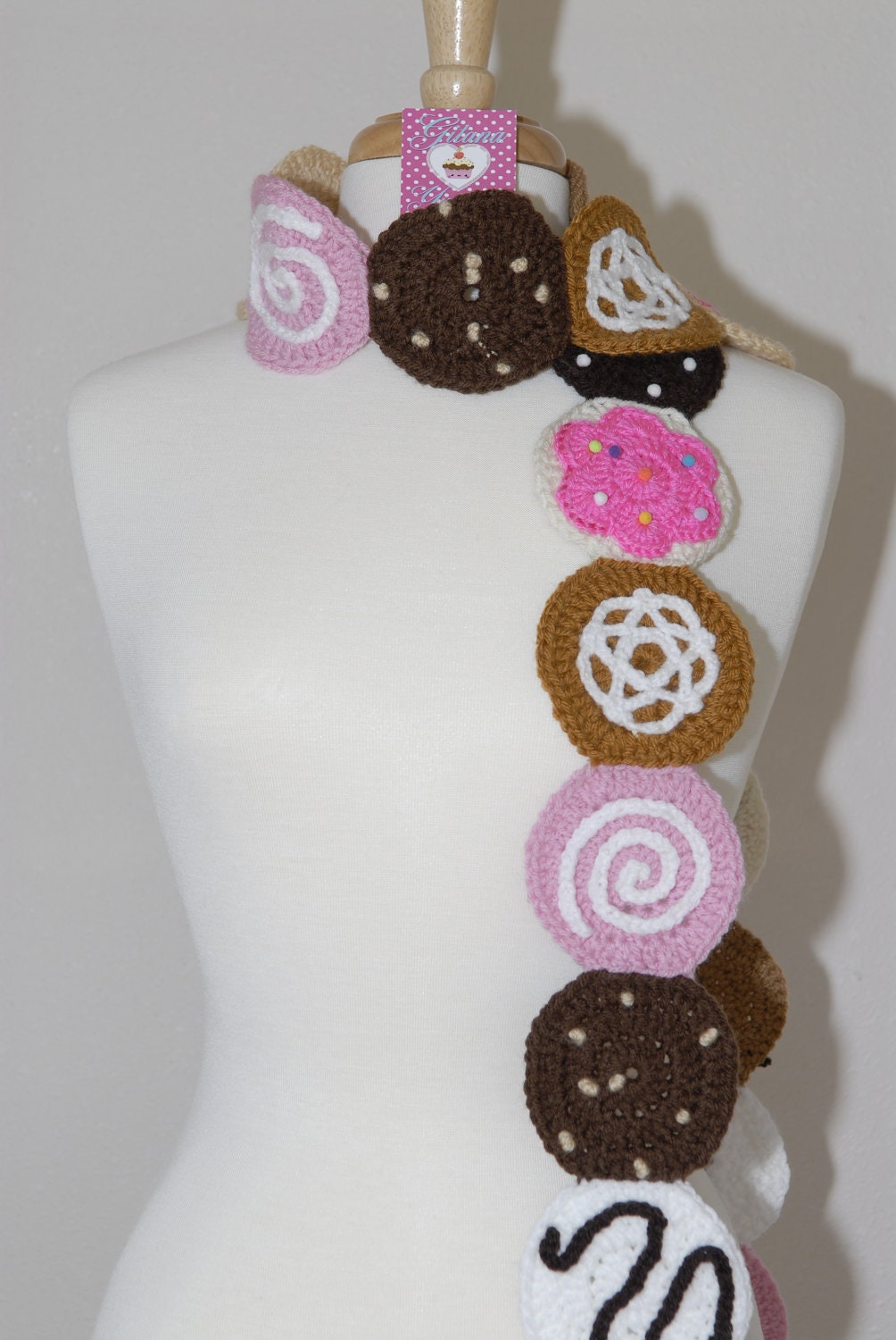 Crochet Scarf-Sugar Cookies Crochet Scarf - Food Scarf - Cookie scarf- Kawaii - Unique Scarf - Women Scarf