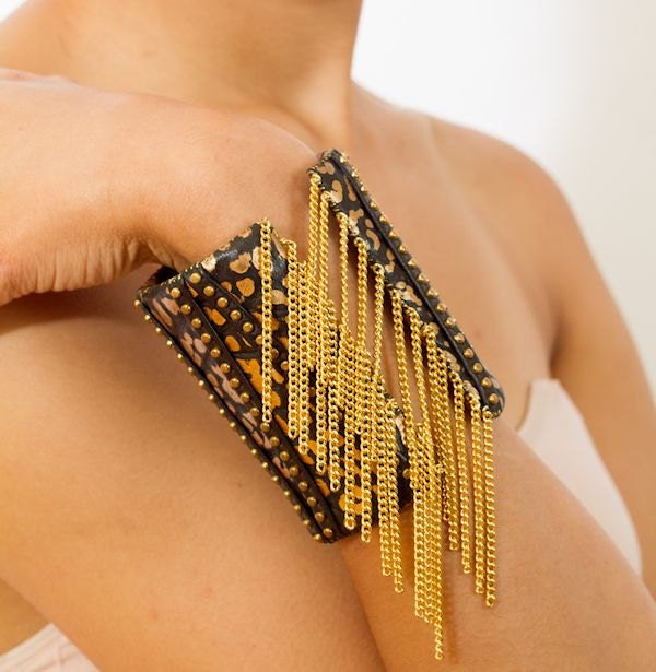Tabiry Cuff - Large High Fashion Gold-Tone Black and Gold Studded Animal Print Leather Chain Cuff Statement Bracelet