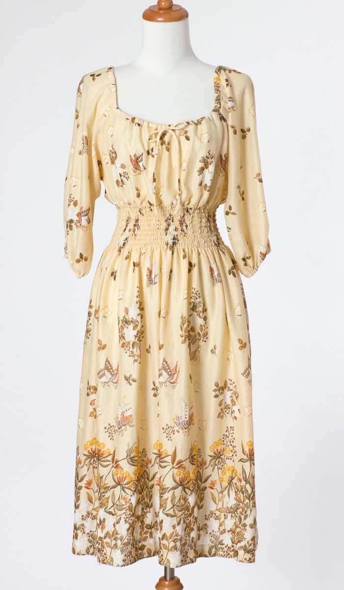 80s Vintage Dress Floral Print Neutral Moths Small Medium