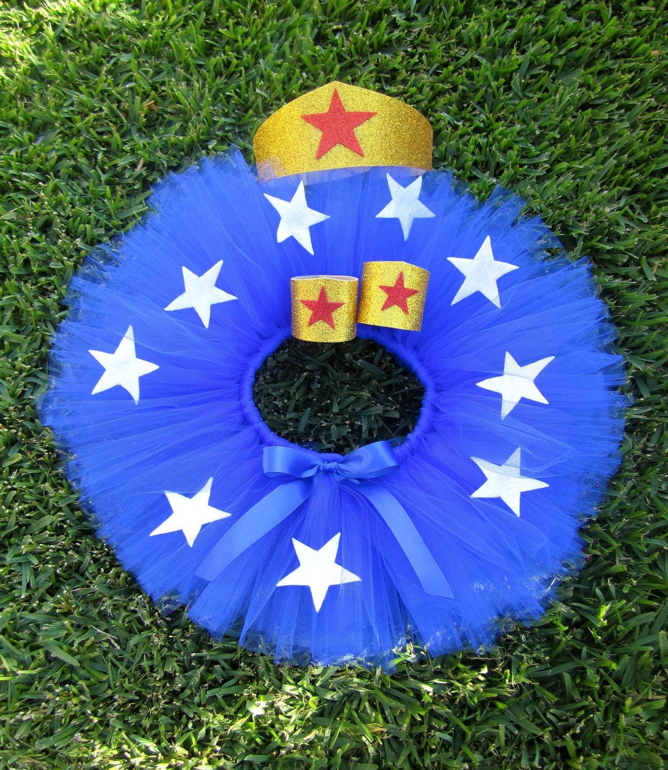 Infant Super Hero Costume. Super Hero Tutu Child Costume Blue tutu with Stars. Red, white, blue and gold tutu set. SEWN TUTU.
