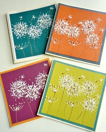 Hand Painted Dandelion Art Greeting Cards, Original Boho Indie, Blank Set of 4, Pantone Chartreuse Tangerine Blue Ooak
