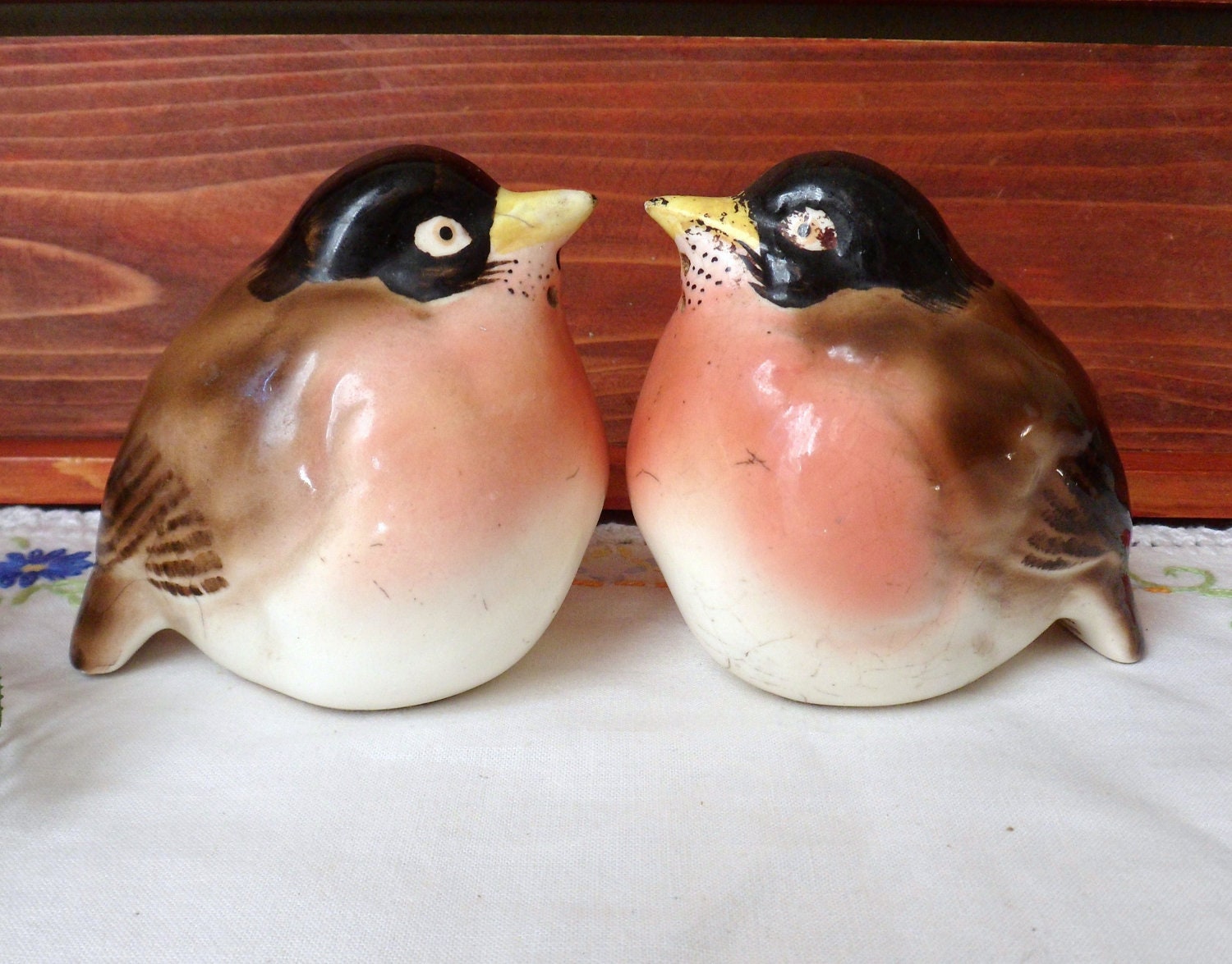 Robin Salt & Pepper Shakers, Signed Paulux Porcelain, Depression Era Pottery