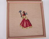 Vintage Victorian Women Needlepoint Set of 2 Framed Wall Hangings Pinks Blues Greens