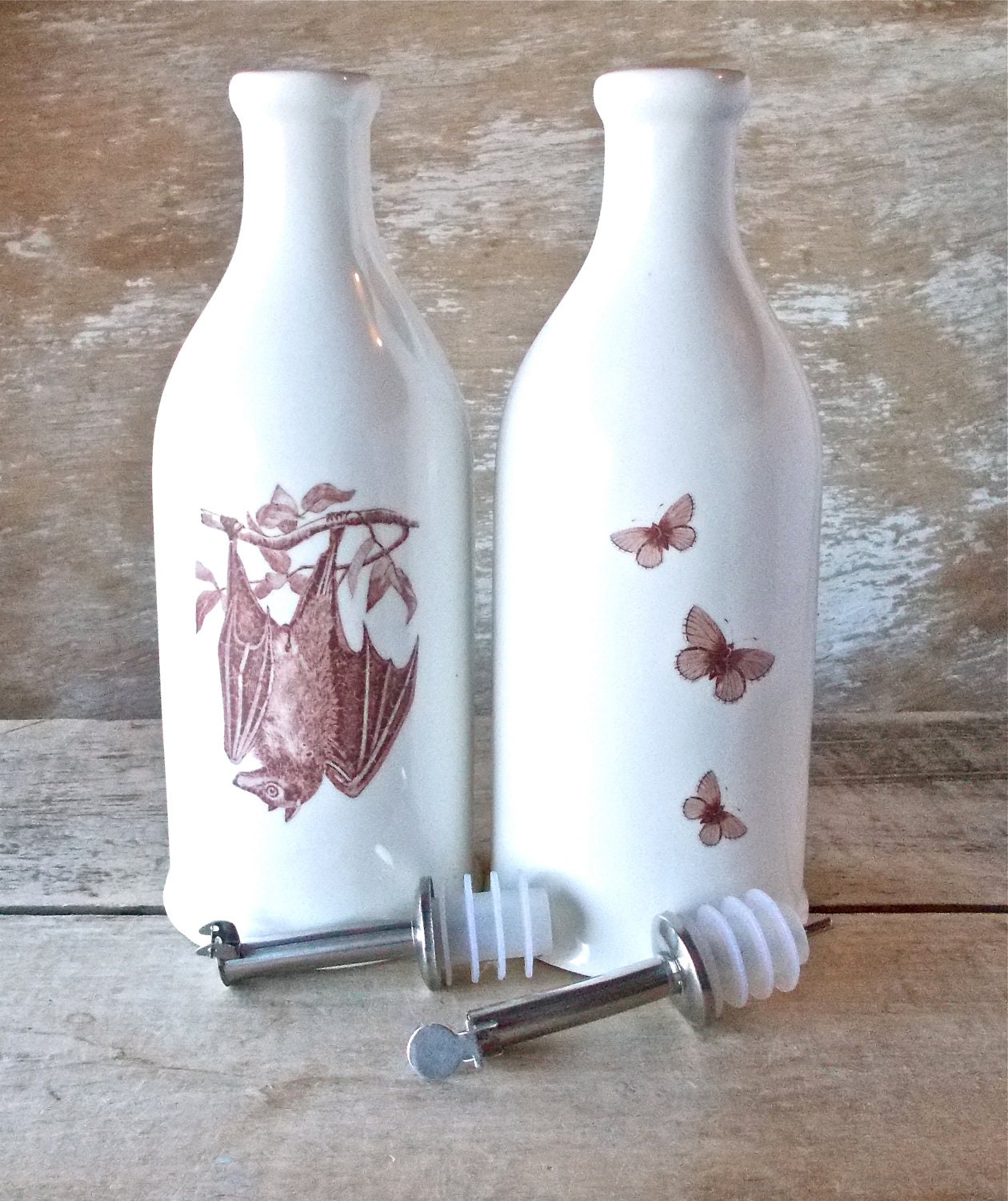 Vinegar and Oil Cruets or Bottles Bat and Moths, Ready to Ship