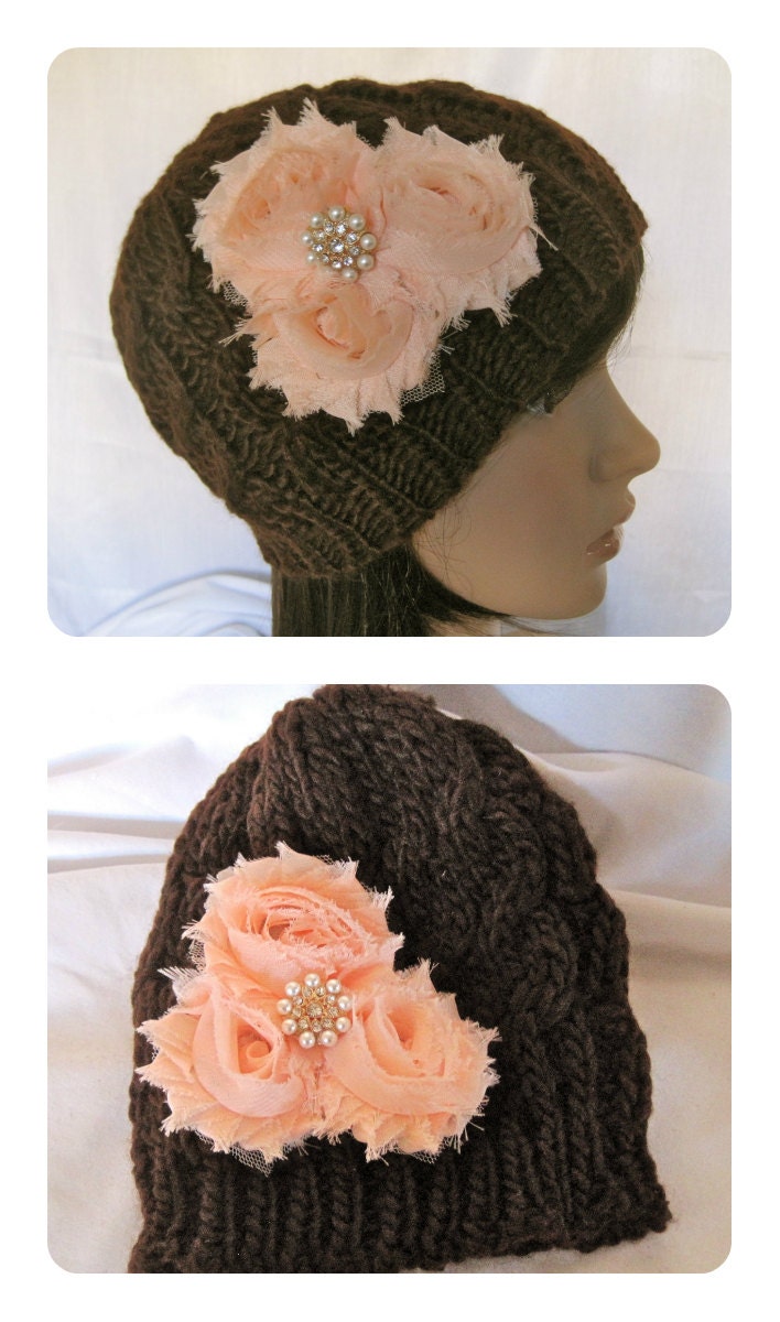 Brown Cable Knit Beanie  with Peach Shabby Frayed Fabric Flowers and a Pearl and Rhinestone Accent