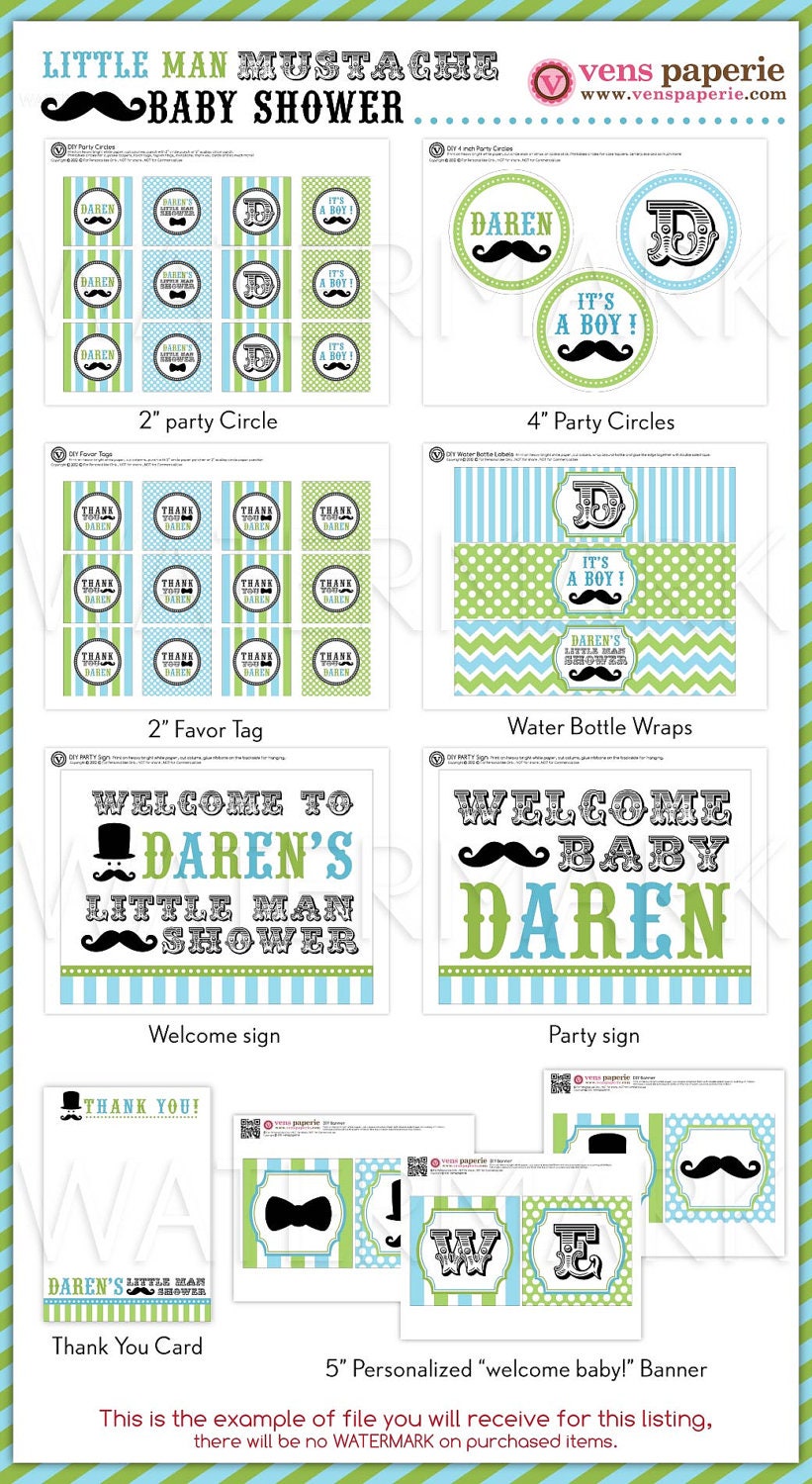 Little Man Mustache Baby Shower Package Personalized FULL Collection Set - PRINTABLE DIY - BS829CA3x