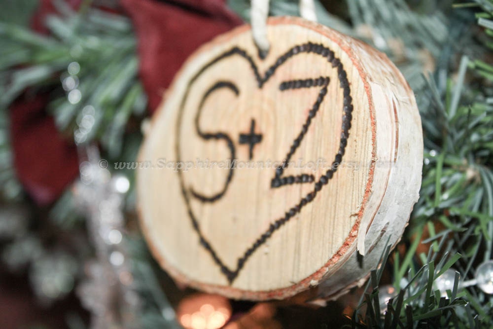 Wood Burned Ornament Keepsake , Custum 'Tree Carved' Heart, Rustic Mountain Birch Wood