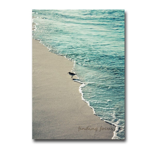 Beach Cottage Photography - Sandpiper Bird on Sand, Pale Aqua Blue Ocean Water Wave & Shore Coastal Gulf Sea Decor - 5x7 Seashore Art Photo
