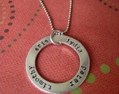 Hand stamped personalized washer style necklace with names or words.  Great for mothers, gifts, friends or yourself.