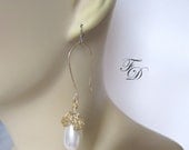 25% off-14k Gold filled Wire crochet Earrings,Long Ivory Pearl drop earrings, Bridal Jewelry ,wedding earrings