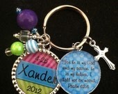 Personalized Beaded Double Bezel Pendant Keychain with Bible Verse and Childs Name and Birthdate