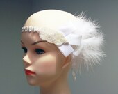 Bridal Hairpiece - Ivory Beaded Feather Headband Hairband - 20s 1920 Inspired Hairpiece - Flapper Hair