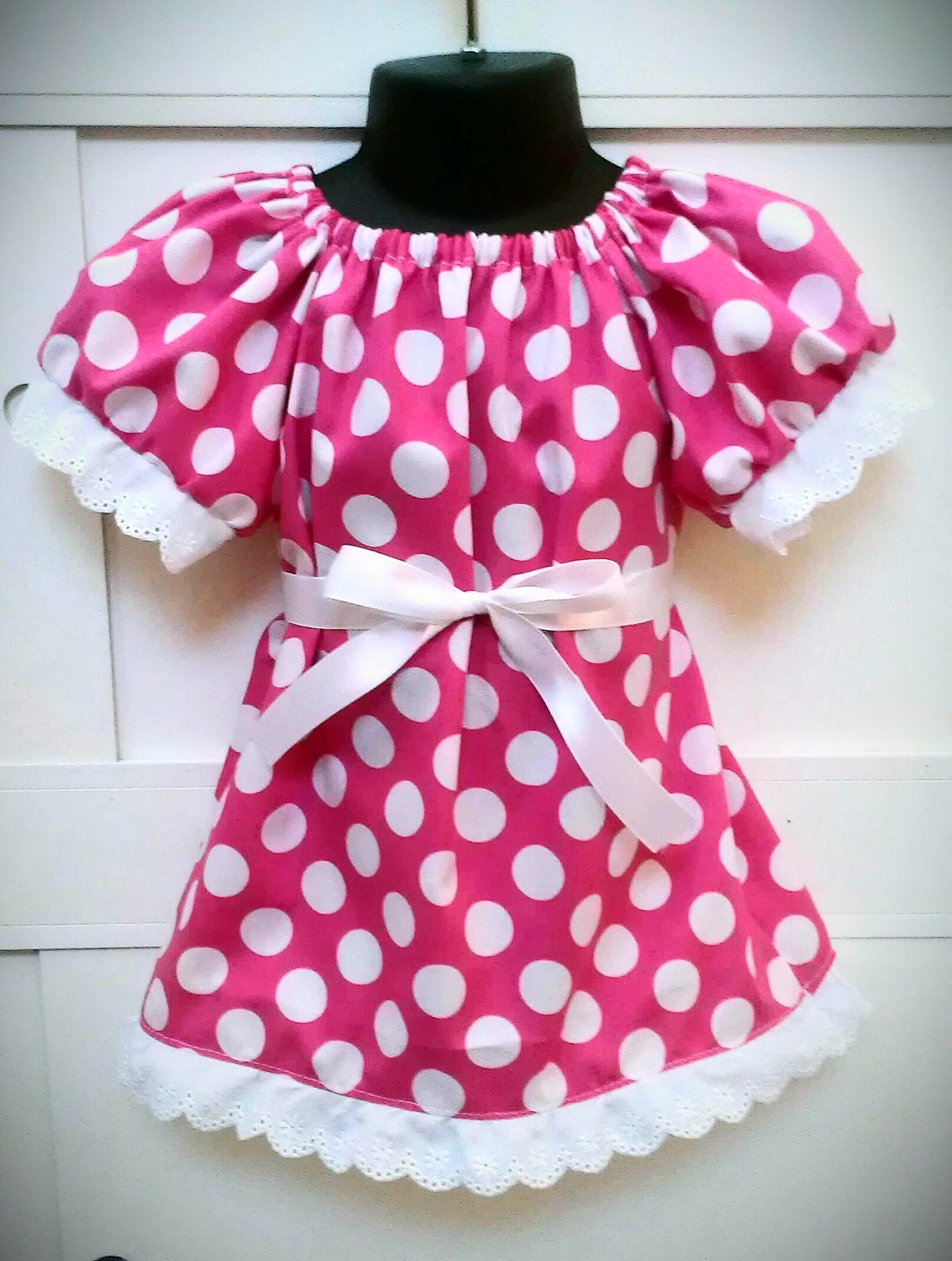 Custom Listing with Express Shipping - Infant's Minnie Mouse Inspired Peasant Dress or Costume in Pink or Red, with Lace