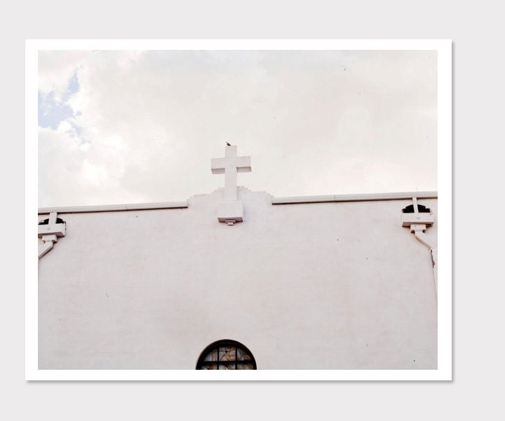 Church Photograph-White Church Under White Sky-Bird on Cross-Marfa Texas-Vintage Style Travel Photography-8x10