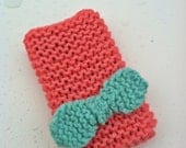Knitted Cell Phone Cover iPhone Socks with BOW in Coral and Mint- Fits ALL iPhones, Galaxy, iPods, Kleenex Holder - Stocking Stuffers