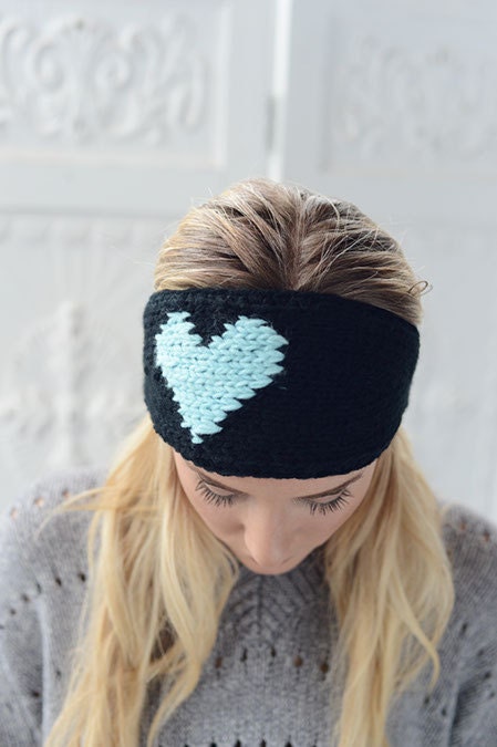 LOVE Knitted Heart Headband Black & Aqua Ear Warmer by Three Bird Nest and NEW Colors too