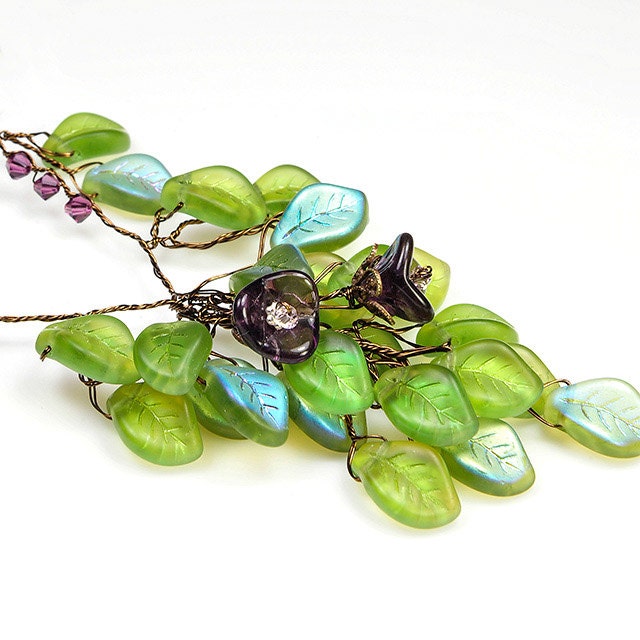 Purple Green Flower Necklace with leaves, Statement Necklace,  Woodland Weddings Jewelry