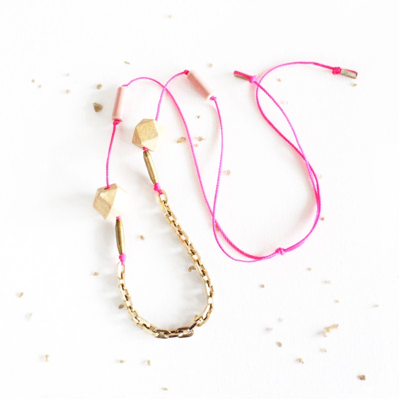 Pink & Gold Geometric Assemblage Necklace / brass trade beads, square chain, porcelain, faceted wood, neon pink cord - Last One