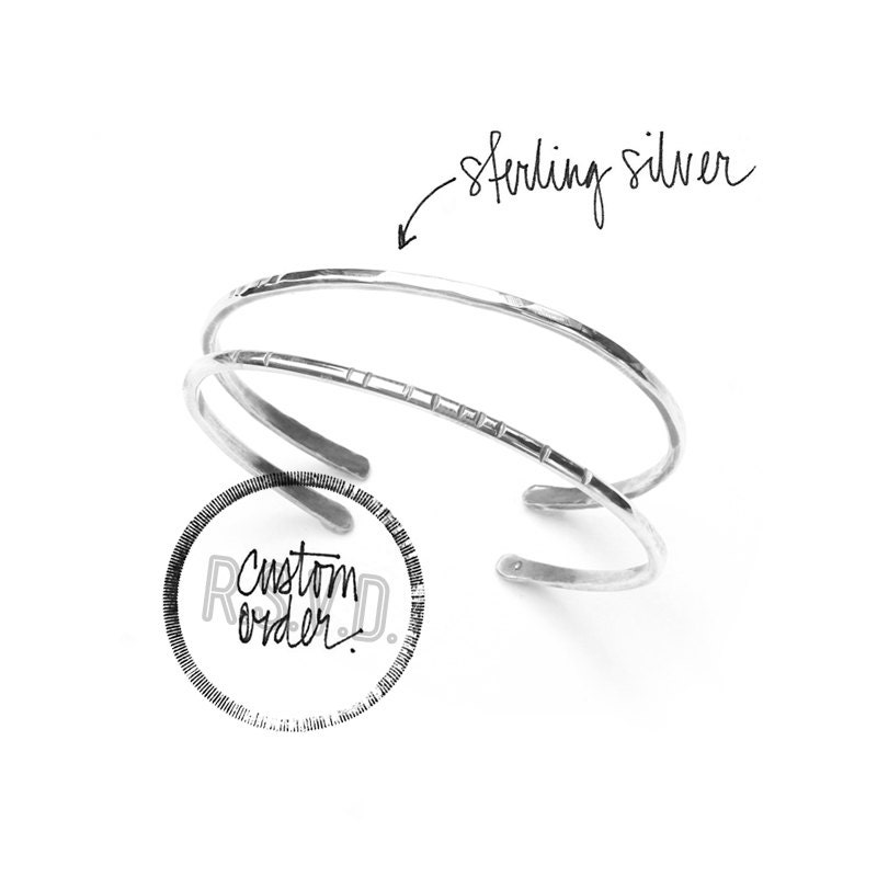 Sterling Silver Tribal Bangle Bracelet Cuff Set / mixed textures: hammered finish, primitive carved line design