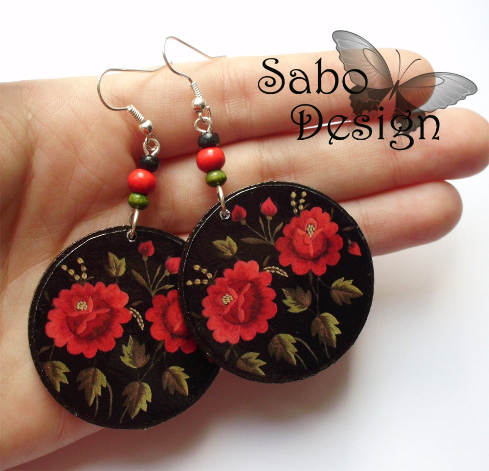 POLISH FOLK ROSES earrings, decoupaged in black, red, green, colorful earrings, perfect gift