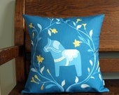 Swedish Dala Horse and Floral Wreath Pillow Cover in Turquoise 16x16