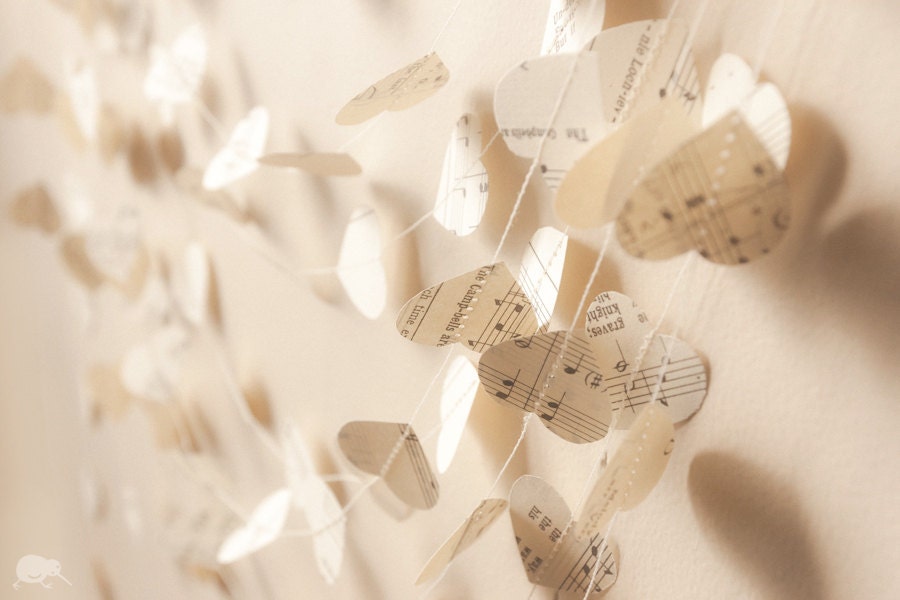 Musical Paper Heart Garland, Recycled Wedding decoration, 20ft / 6m, Vintage, Custom
