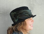 Women's Black Edwardian Wool Crepe Hat - Classic Period Hat with Brim-1920's Vintage Inspired  -Turn of the Century