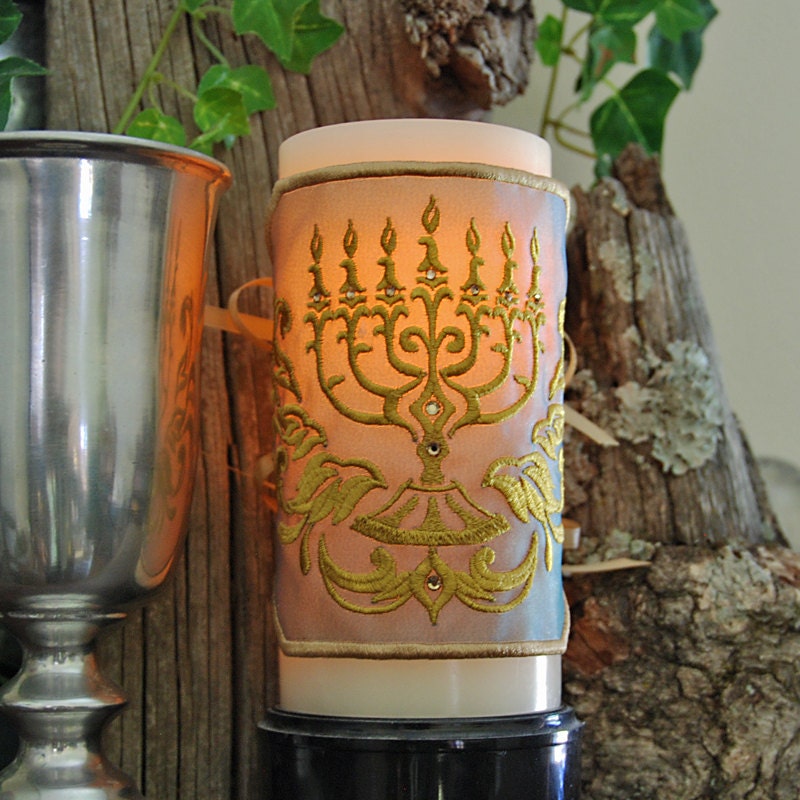 7 Candle Menorah Embroidered and Embellished with Swarovski Crystals Candle Wrap.