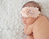 Peach Newborn Baby Girl Headband, Shabby Chic Hair Bows Girls Accessories
