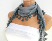 Gray Scarves. Summer trend scarf. Turkish Fabric Fringed tasseled Scarf ..bandana,headband,wedding,bridal,authentic, romantic,