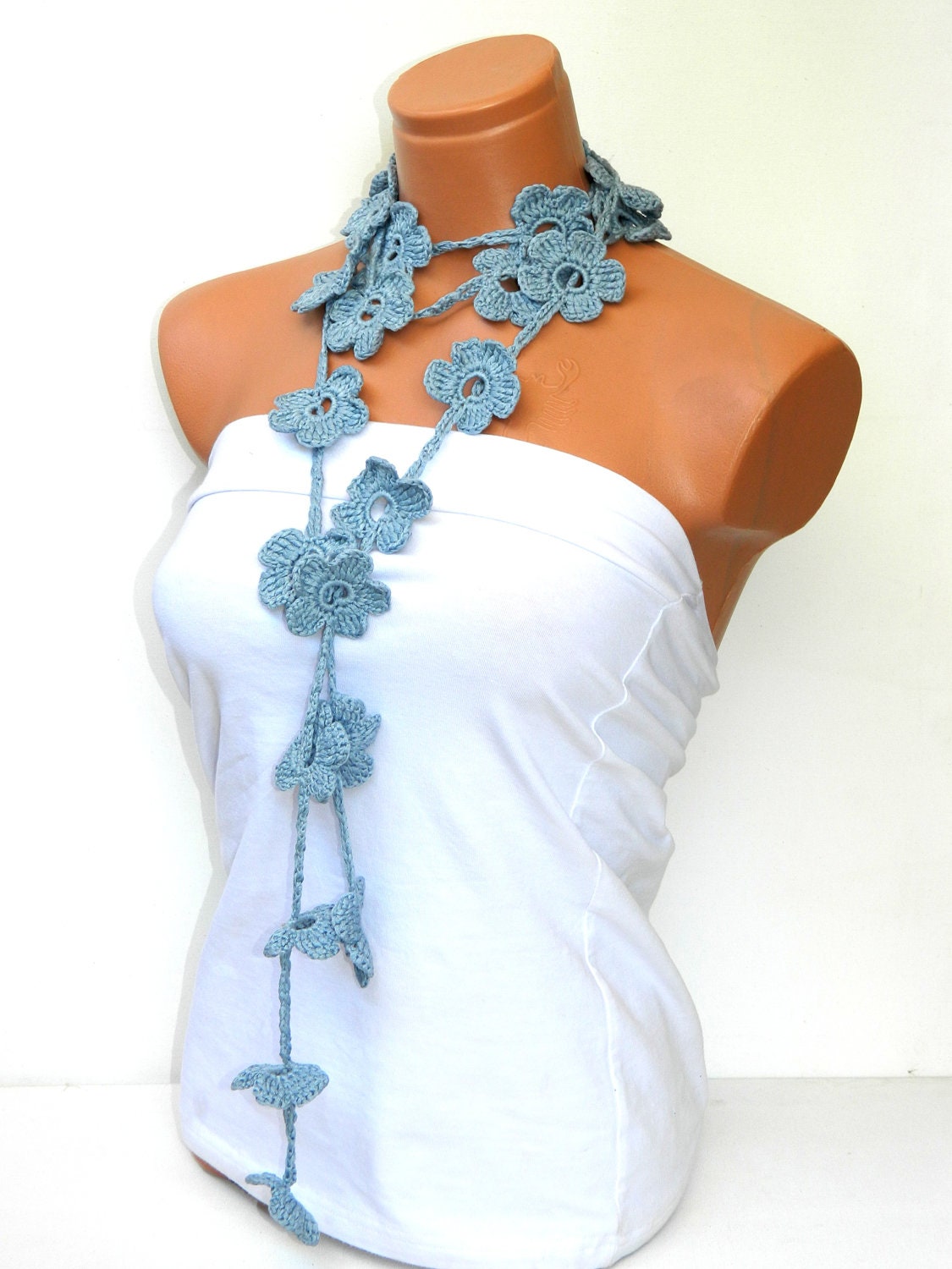 Hand made crochet gray, blue, Flower Lariat Scarf. Fashion Flower Scarves, Necklace...