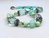 Aqua beaded necklace Pastel blue and green lampwork glass Feminine single strand beaded jewelry