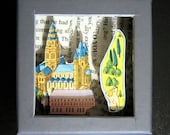 Small Box Diorama - Shadowbox with Recycled Book Pages - Castle, Island, Trees - Grey, Yellow, Blue, Pink, Green
