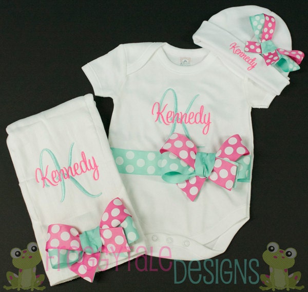 LAYETTE Set Personalized Bodysuit Onesie Bow Beanie and Burp Cloth Set Cap You PICK COLORS Outfit for Little Baby Girls - Monogrammed Custom