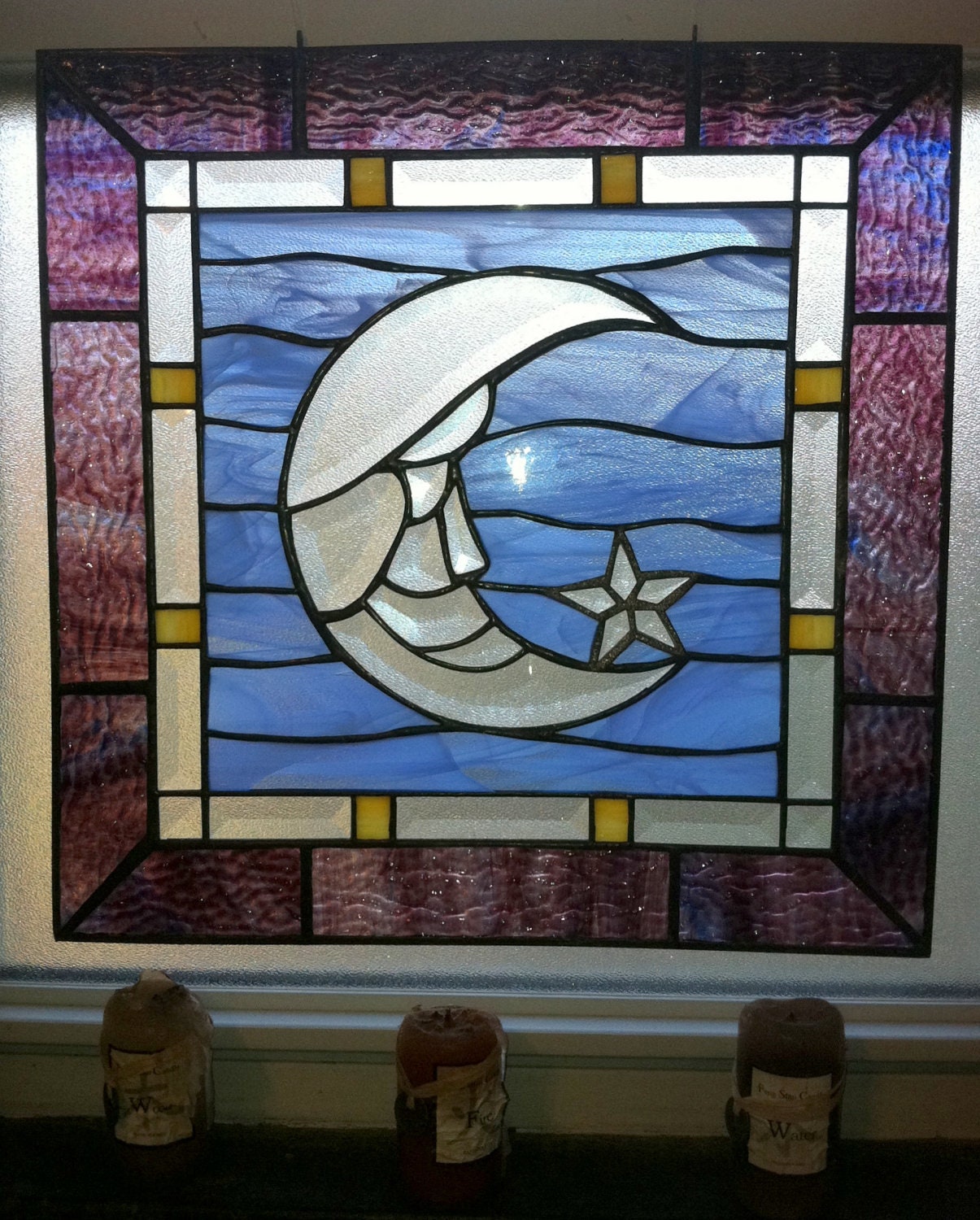 Stained glass window panel-moonlight moon star pair-blue purple periwinkle bevels-nursery, newborn, baby shower, daughter son, home décor