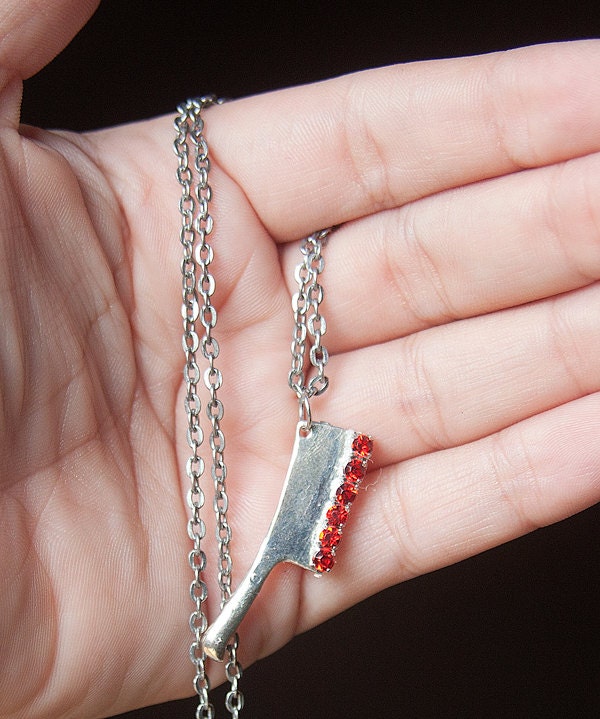 Creepy Silver Gothic Bloody Butcher Cleaver Charm Necklace