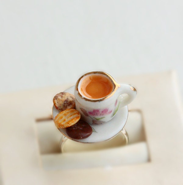 Cup of Tea and Digestive Biscuits Food Ring - Miniature Food Jewelry