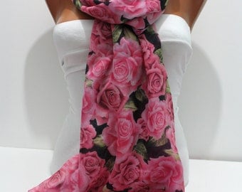 Rose Garden Soft Cotton Shawl Scarf - Headband - Cowl- two sided -