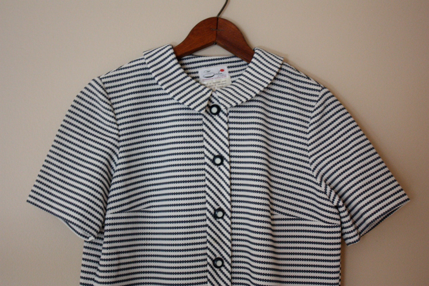 Vintage 60s Navy and White Striped Peter Pan Colored Dress (LARGE)