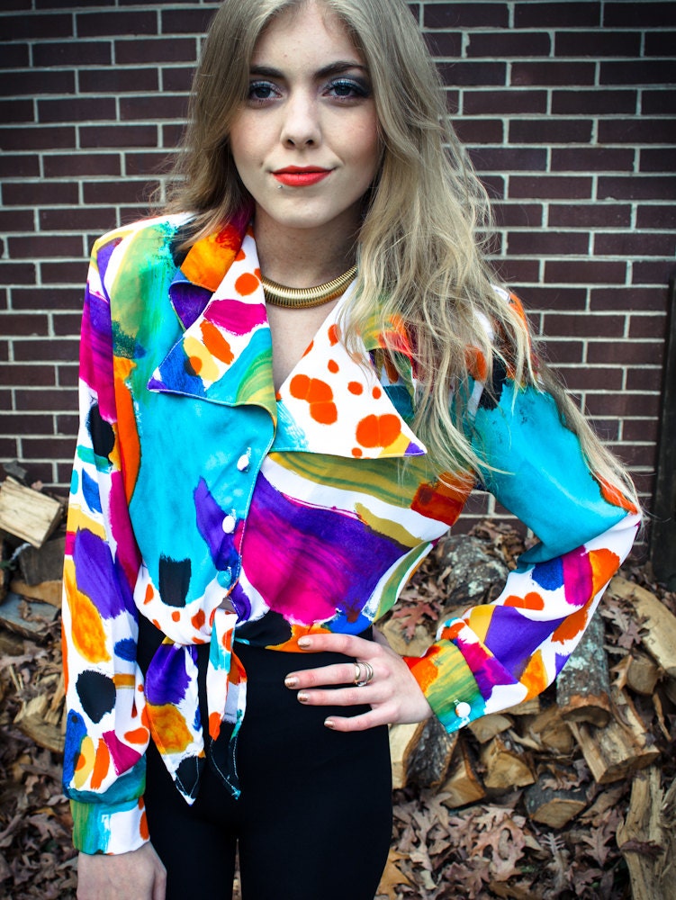 Vintage Multicolor Button Up Crop Tie Top