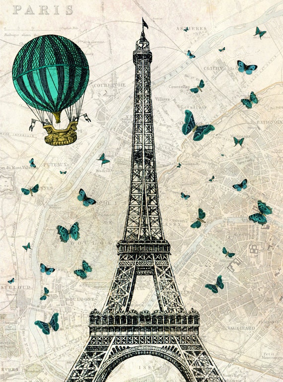 Eiffel Tower with Hot Air Balloon and Butterflies  - Digital Print
